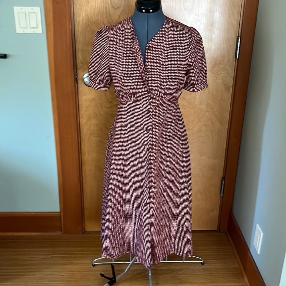 Beautiful red gingham / plaid print midi shirt button dress with waist tie